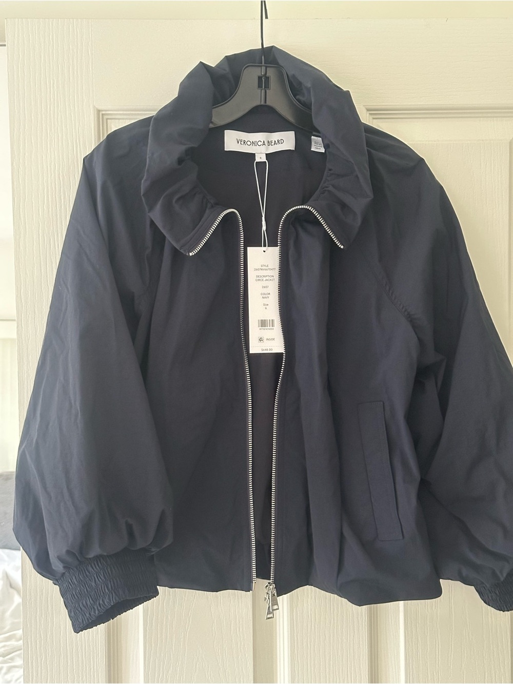 Veronica Beard Navy Ruffle-Collar Bomber Jacket